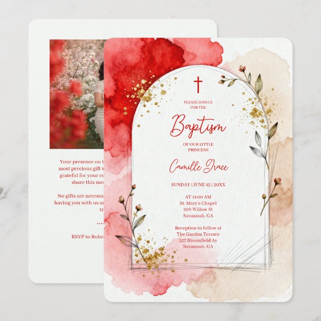 Invitation Arche de photo de baptême à l'aquarelle rouge LPM2 (Devant / Derrière)