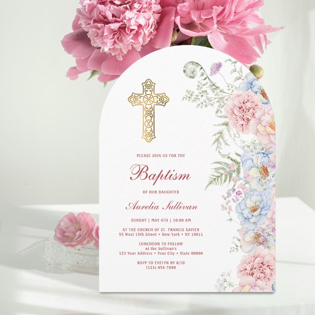 Invitation Arche de pivoines pastel pour baptême (Créateur téléchargé)