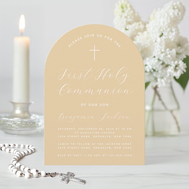 Invitation Arche de première communion Beige Simple Script mo (Créateur téléchargé)
