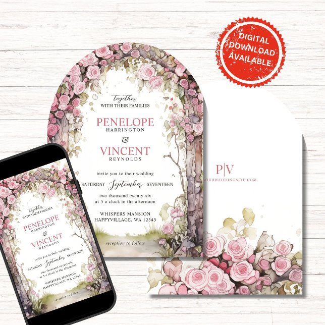 Invitation Arche de Rose Vintage | Mariage Monogramme (Créateur téléchargé)