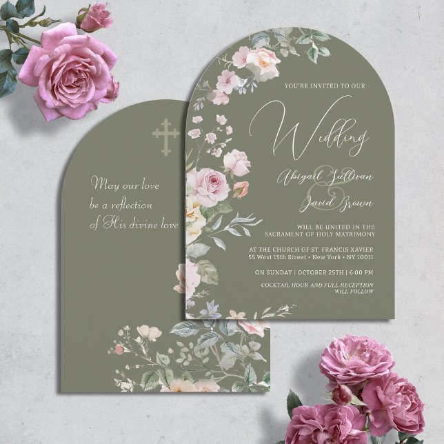 Invitation Arche de roses sur fond vert olive pour mariage ca (Créateur téléchargé)