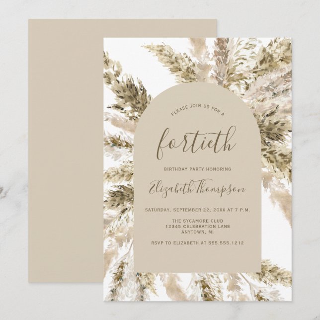 Invitation Arche d'herbe de Pampas Bohème pour un 40e anniver (Devant / Derrière)