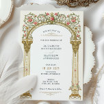 Invitation Arche d'or orné victorien et Mariage de roses rose<br><div class="desc">Cette élégante faire-part de mariage victorienne est ornée d'une grande arche dorée ornée de vignes d'escalades aux roses roses et d'une végétation délicate. Les détails floraux complexes et le design classique des colonnes exsument le raffinement intemporel et le charme romantique. Idéal pour les couples à la recherche de papeterie mariage...</div>