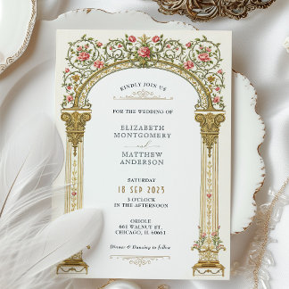 Invitation Arche d'or orné victorien et Mariage de roses rose