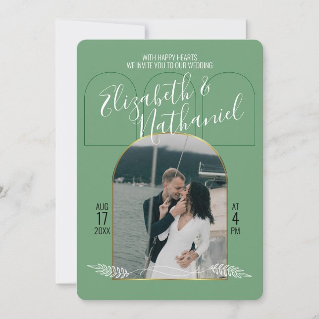 Invitation Arche dorée écriture Boho verte personnalisée de p (Devant)