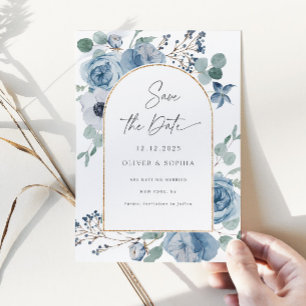 Invitation Arche dorée fleurie bleu Dusty Enregistrer la date