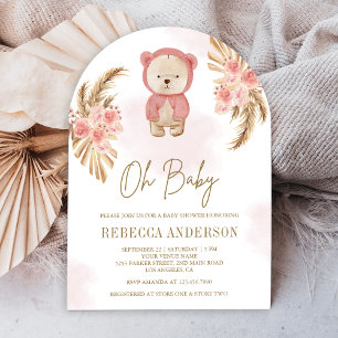Invitation Arche d'ours en peluche Pampas à fleurs roses pour