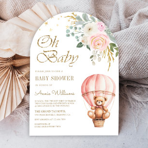 Invitation Arche d'ours en peluche rose en montgolfière Baby