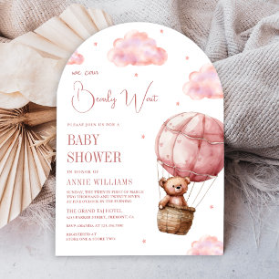 Invitation Arche d'ours en peluche rose en montgolfière Baby