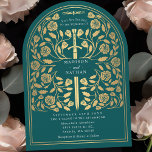 Invitation Arche du Mariage d'épée d'or turquoise Royal Médié<br><div class="desc">Donnez le ton à votre mariage d'imaginaire médiéval avec un design audacieux d'invitation à l'arc : une épée d'or grandiose entourée de fleurs contre arrière - plan turquoise. Parfait pour les couples rêvant d'une fête épique et romantique. Faites légendaire votre histoire d'amour dès le premier regard ! REMARQUE : l'or...</div>