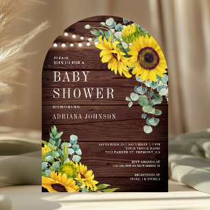 Invitation Arche en bois de grange eucalyptus tournesols Baby