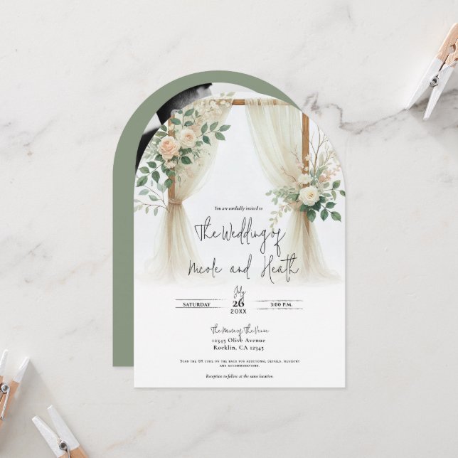 Invitation Arche en bois floral de roses verdure mariage rust (Devant/Arrière en situation)