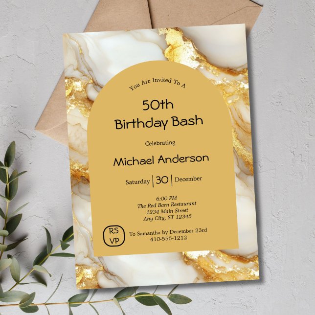Invitation Arche en marbre doré blanc noir 50e anniversaire p (Gold White Marble Modern Arch 50th Birthday invitation for him or her)