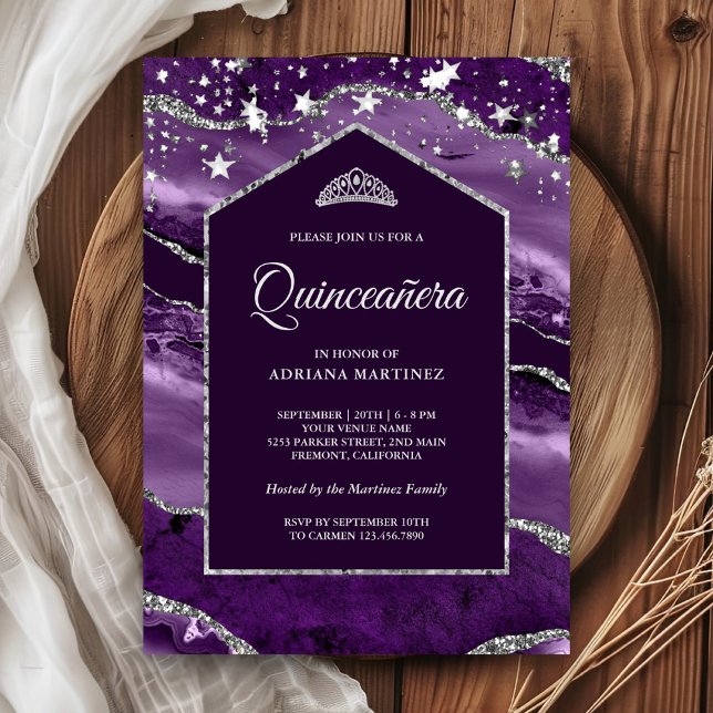 Invitation Arche en marbre Royal violet argenté Quinceanera (Créateur téléchargé)