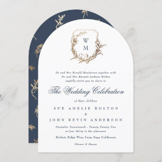 Invitation arche en or monogramme bleu marine classique
