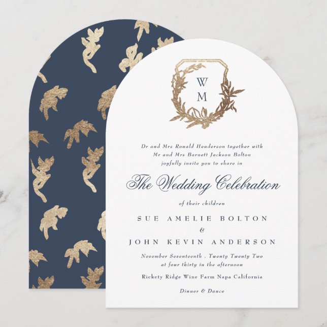 Invitation arche en or monogramme bleu marine classique (Devant / Derrière)