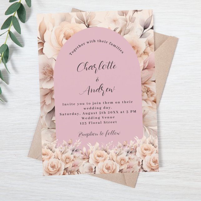 Invitation Arche fleurie crème rose Dusty mariage élégant (Créateur téléchargé)