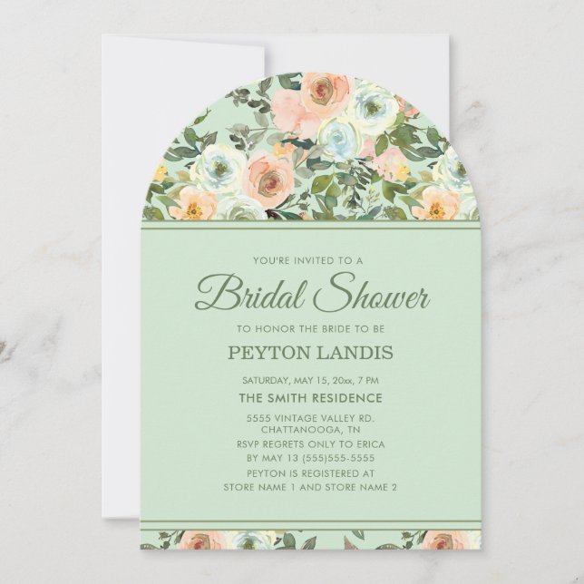 Invitation Arche florale aquarelle mariage rose menthe (Devant)