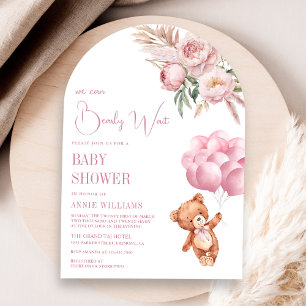 Invitation Arche florale Baby Shower Ballons roses Ourson en 