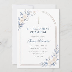 Invitation Arche Florale Bleu Poussiéreux pour Baptême de Gar