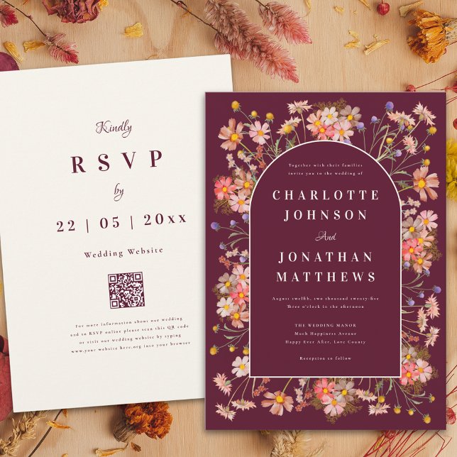 Invitation Arche florale Bourgogne Orange brûlé Mariage d'aut (Wildflower burgundy terracotta burnt orange fall wedding invitation elegant floral arch and script)
