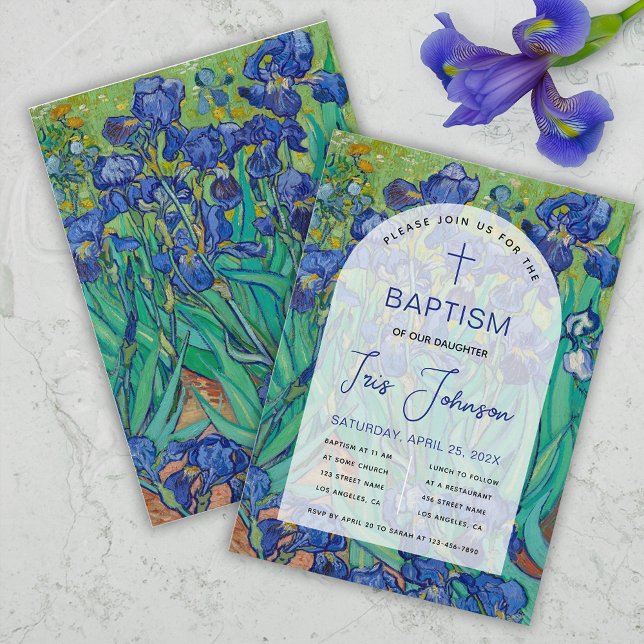 Invitation Arche Florale de Baptême Bleu Iris Van Gogh Élégan (Créateur téléchargé)
