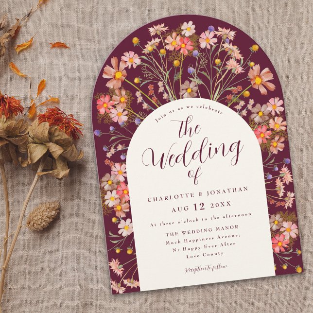 Invitation Arche florale de fleurs sauvages rustique bohème d (Boho fall rustic wildflower floral arch burgundy and ivory cream wedding invitation Elegant script)