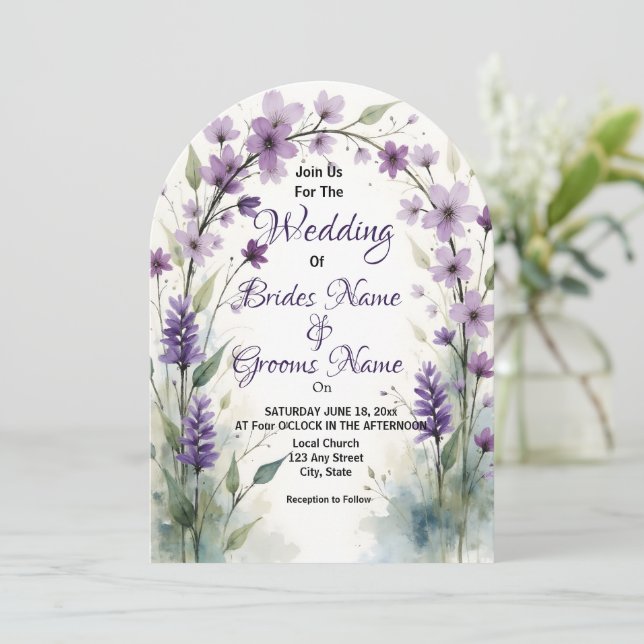 Invitation Arche florale de mariage à l'aquarelle avec lilas  (Debout devant)