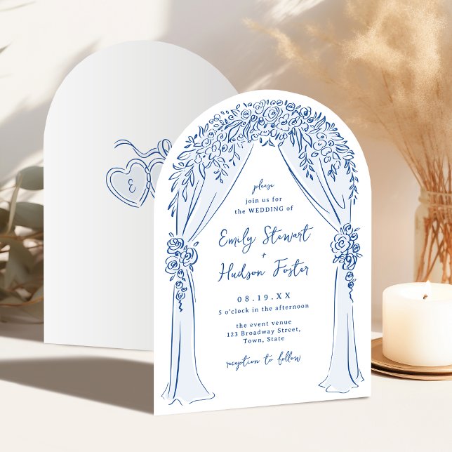 Invitation Arche florale dessinée à la main bleue Mariage fan (Blue Hand Drawn Floral Arch Whimsical Wedding Invitation)