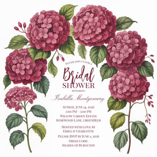 Invitation Arche florale illustrée d'hortensia de Bourgogne (Illustrated Burgundy Hydrangea Floral Arch Invitations
)