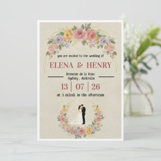 Invitation Arche florale pastel fantaisiste et mariés 