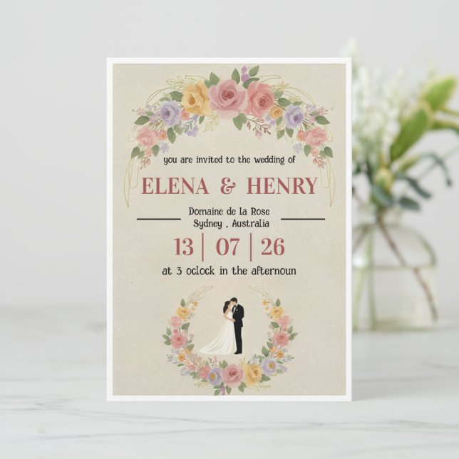 Invitation Arche florale pastel fantaisiste et mariés  (Debout devant)