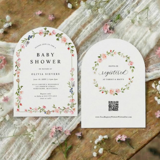 Invitation Arche Florale Rose pour Baby Shower Fille (Baby girl shower invitation with watercolor floral arch and pink botanical flowers)