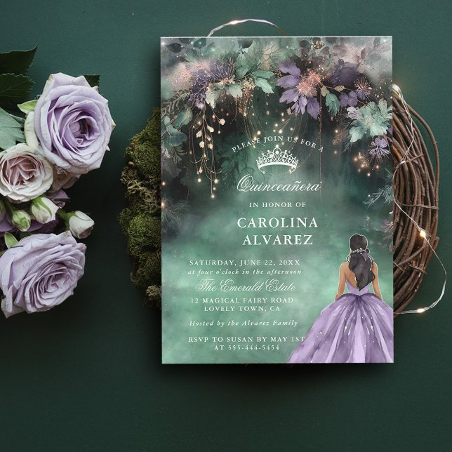 Invitation Arche forestière enchantée Lavender Quinceanera (quince invitation quinceanera emerald green lavender enchanted forest magical fairy tale elegant )