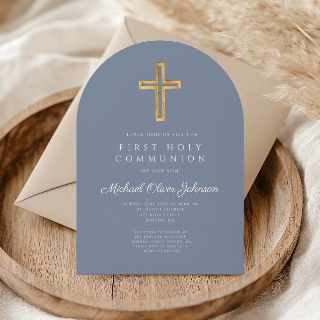 Invitation Arche Garçon Première Communion Croix Bleu Poussié (Dusty Blue Cross Boy First Communion Arch Invitation)