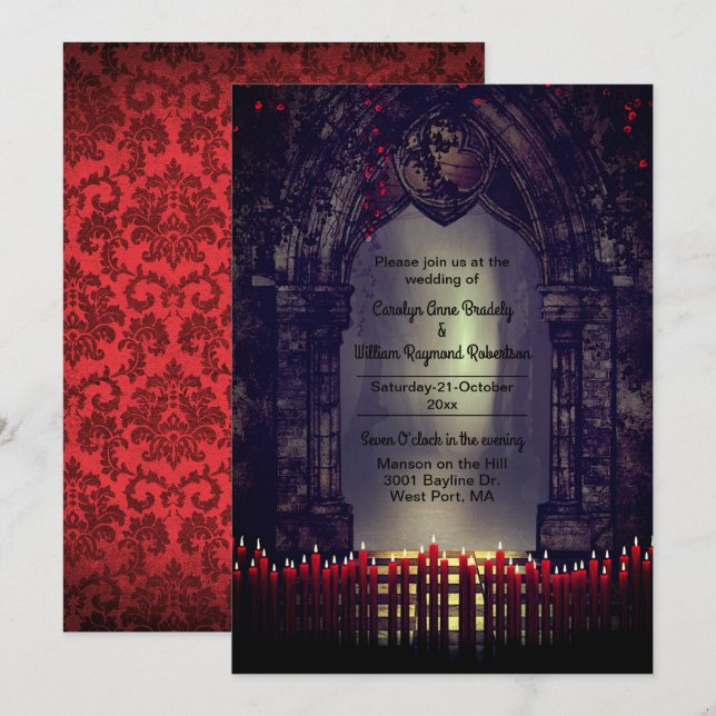 Invitation Arche gothique avec Mariage de bougies rouges (Devant / Derrière)