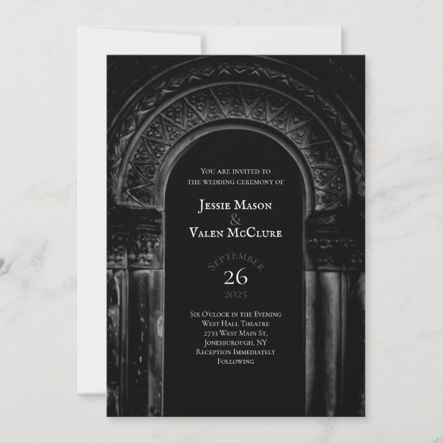 Invitation Arche gothique noir et blanc Élégant mariage foncé (Devant)