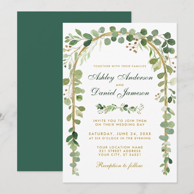Invitation Arche mariage Botanique Eucalyptus Vert Or (Devant / Derrière)