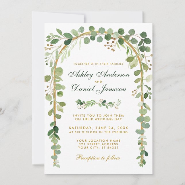 Invitation Arche mariage Botanique Eucalyptus Vert Or Arc W (Devant)