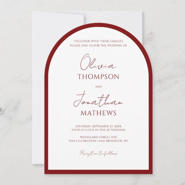 Invitation Arche Mariage de script de bordure rouge de Crimso (Devant)