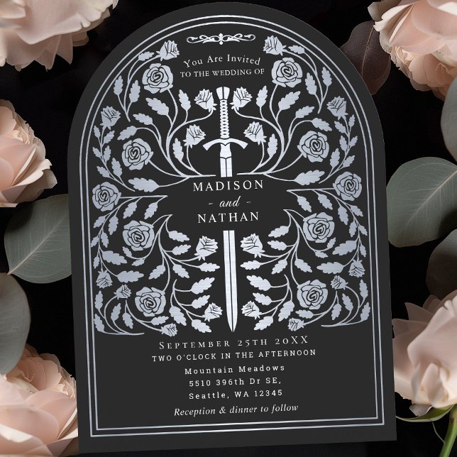 Invitation Arche Mariage d'épée d'argent médiévale noire (Créateur téléchargé)