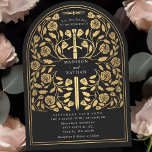Invitation Arche Mariage d'épée d'or médiévale noire<br><div class="desc">Donnez le ton à votre mariage d'imaginaire médiéval avec un design audacieux d'invitation à l'arc : une épée d'or grandiose entourée de fleurs contre arrière - plan noir. Parfait pour les couples rêvant d'une fête épique et romantique. Faites légendaire votre histoire d'amour dès le premier regard ! REMARQUE : l'or...</div>