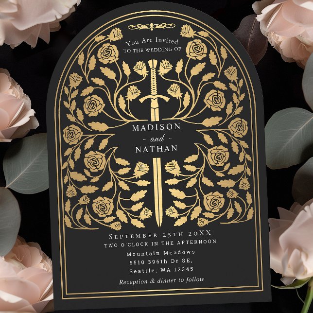 Invitation Arche Mariage d'épée d'or médiévale noire (Créateur téléchargé)