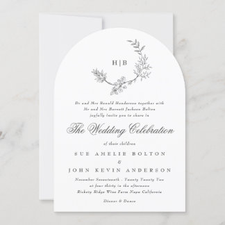 Invitation Arche Mariage monogramme à couronne florale classi