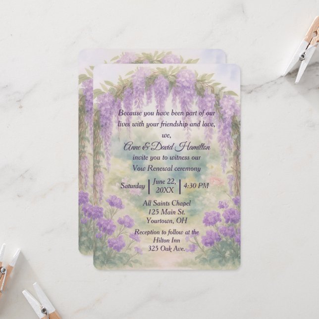 Invitation Arche Mariage Wisteria dans un jardin d'été (Devant/Arrière en situation)