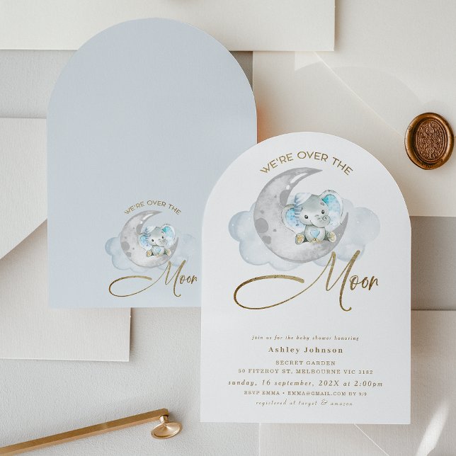 Invitation Arché Nous sommes au-dessus du Baby shower Eléphan (Boys Over The Moon Baby Shower Invitation Arched Elephant Baby Shower Invitation, Elephant on Moon)