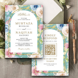 Invitation Arche or floral doux QR Code Mint Mariage musulman