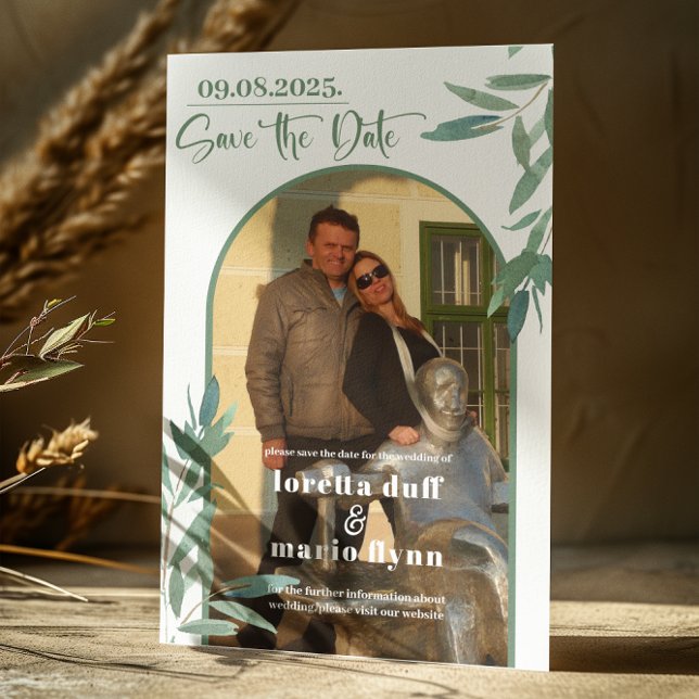 Invitation Arche photo Feuille verte Enregistrer la date (Créateur téléchargé)