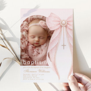 Invitation Arche Photo Nœud Coquette Rose Bébé Fille Baptême