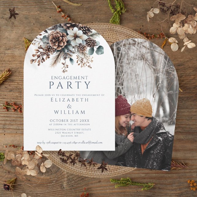 Invitation Arche photo Rustique Floral Pinecone (Rustic Floral Pinecone Engagement Party Photo Arch Invitation)